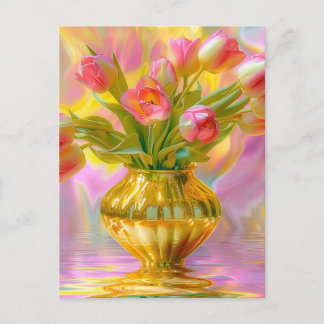 Levendige roze tulpen in gouden vaas briefkaart