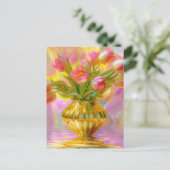 Levendige roze tulpen in gouden vaas briefkaart (Staand voorkant)