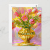 Levendige roze tulpen in gouden vaas briefkaart (Voorkant / Achterkant)