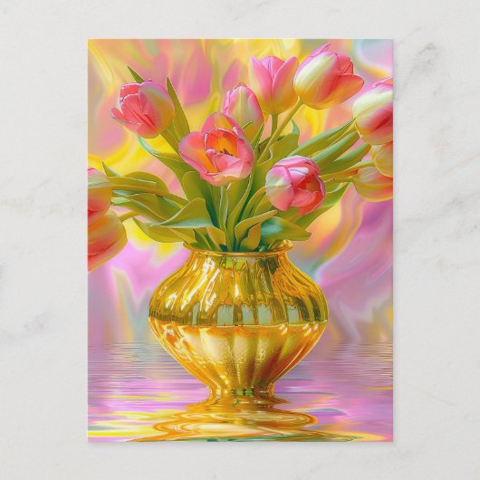 Levendige roze tulpen in gouden vaas briefkaart (Voorkant)