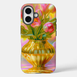 Levendige roze tulpen in gouden vaas iPhone 16 hoesje