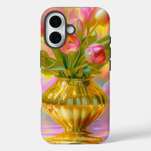 Levendige roze tulpen in gouden vaas Case-Mate iPhone case (Achterkant)