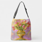 Levendige roze tulpen in gouden vaas crossbody tas (Achterkant)