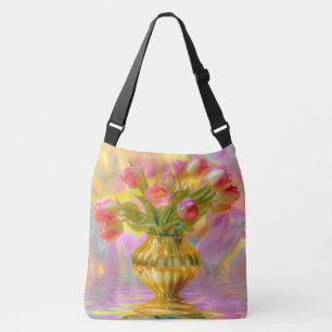 Levendige roze tulpen in gouden vaas crossbody tas