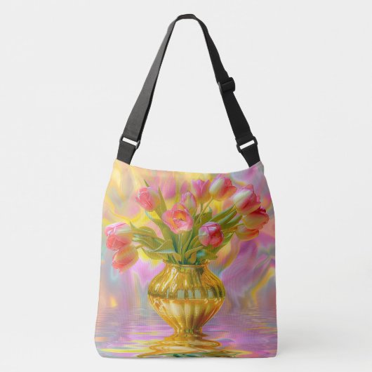 Levendige roze tulpen in gouden vaas crossbody tas (Voorkant)