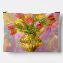 Levendige roze tulpen in gouden vaas etui