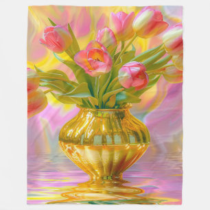 Levendige roze tulpen in gouden vaas fleece deken
