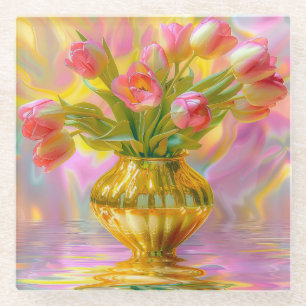 Levendige roze tulpen in gouden vaas glazen onderzetter
