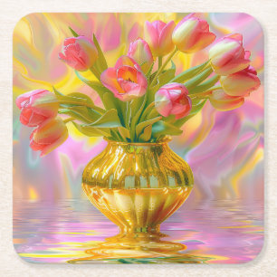 Levendige roze tulpen in gouden vaas kartonnen onderzetters