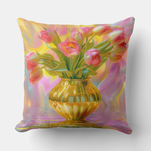 Levendige roze tulpen in gouden vaas kussen (Voorkant)