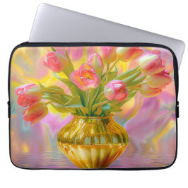 Levendige roze tulpen in gouden vaas laptop sleeve
