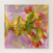 Levendige roze tulpen in gouden vaas legpuzzel (Horizontaal)