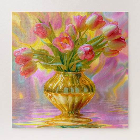 Levendige roze tulpen in gouden vaas legpuzzel (Verticaal)