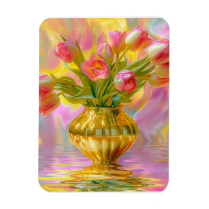 Levendige roze tulpen in gouden vaas magneet