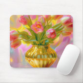 Levendige roze tulpen in gouden vaas muismat (Met muis)