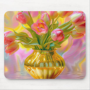Levendige roze tulpen in gouden vaas muismat