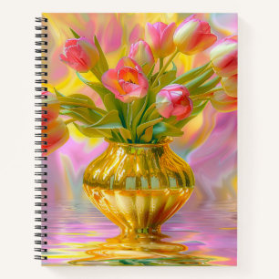Levendige roze tulpen in gouden vaas notitieboek