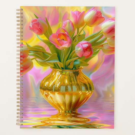 Levendige Roze Tulpen in Gouden Vaas Planner (Voorkant)