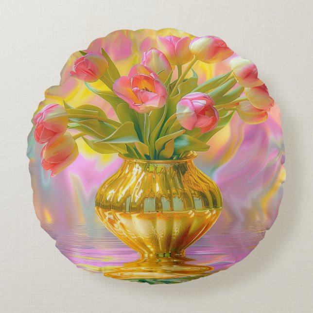 Levendige roze tulpen in gouden vaas rond kussen (Voorkant)