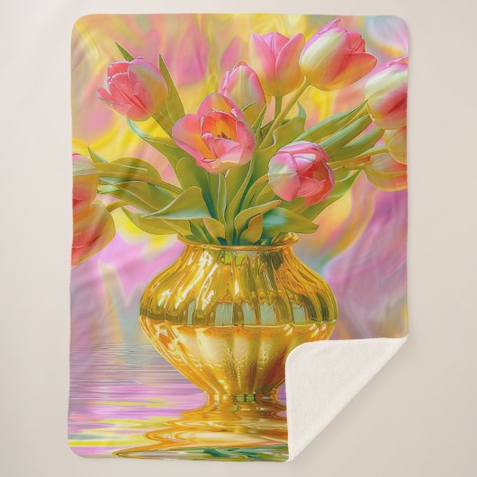 Levendige roze tulpen in gouden vaas sherpa deken (Voorkant)