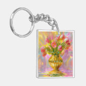 Levendige roze tulpen in gouden vaas sleutelhanger (Voorkant Links)