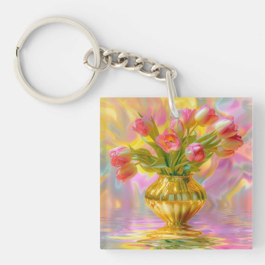 Levendige roze tulpen in gouden vaas sleutelhanger (Voorkant)