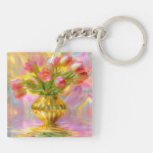 Levendige roze tulpen in gouden vaas sleutelhanger (Achterkant)