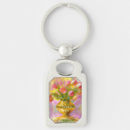 Levendige roze tulpen in gouden vaas sleutelhanger