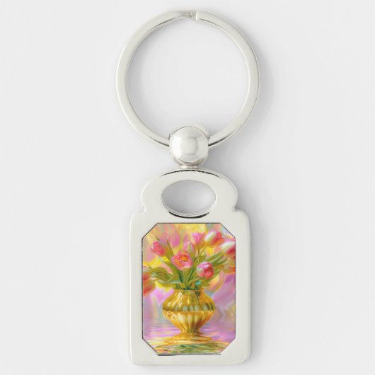 Levendige roze tulpen in gouden vaas sleutelhanger (Voorkant)