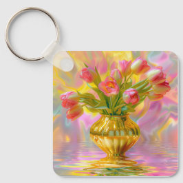 Levendige roze tulpen in gouden vaas sleutelhanger