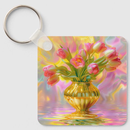 Levendige roze tulpen in gouden vaas sleutelhanger (Voorkant)