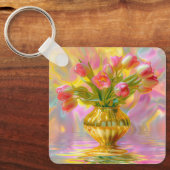 Levendige roze tulpen in gouden vaas sleutelhanger (Voorkant)