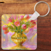 Levendige roze tulpen in gouden vaas sleutelhanger (Achterkant)