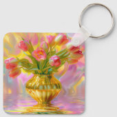 Levendige roze tulpen in gouden vaas sleutelhanger (Achterkant)