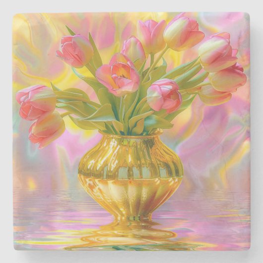 Levendige roze tulpen in gouden vaas stenen onderzetter (Voorkant)
