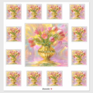 Levendige Roze Tulpen in Gouden Vaas Sticker