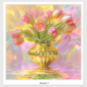 Levendige Roze Tulpen in Gouden Vaas Sticker