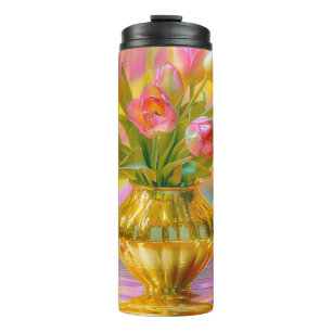 Levendige roze tulpen in gouden vaas thermosbeker