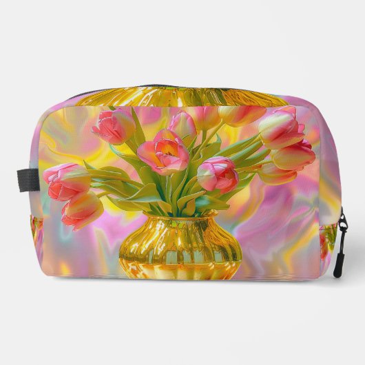 Levendige roze tulpen in gouden vaas toilettasje (Voorkant)