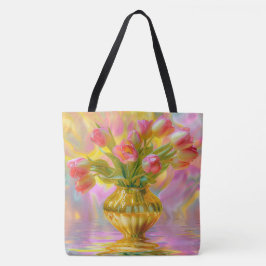 Levendige roze tulpen in gouden vaas tote bag