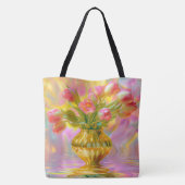 Levendige roze tulpen in gouden vaas tote bag (Achterkant)