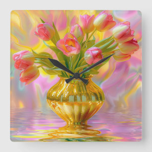 Levendige roze tulpen in gouden vaas vierkante klok
