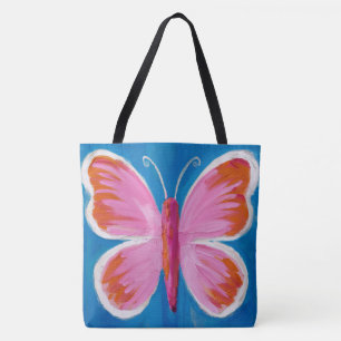 Levendige roze vlinder op blauwe achtergrond tote bag