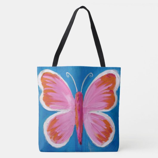 Levendige roze vlinder op blauwe achtergrond tote bag (Voorkant)