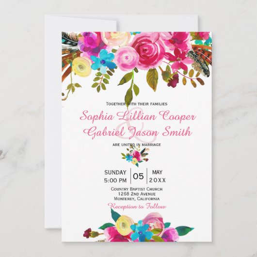 Levendige Roze Waterverf Bloemen Typografie Huweli Kaart (Voorkant)