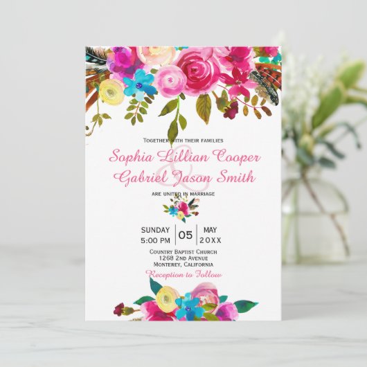 Levendige Roze Waterverf Bloemen Typografie Huweli Kaart (Staand voorkant)