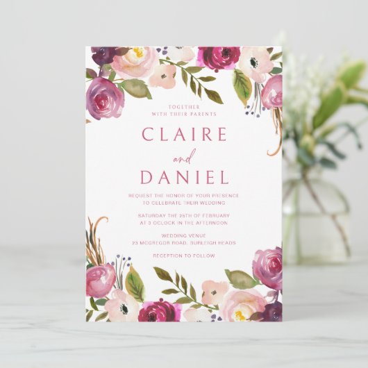 Levendige roze Waterverf bloemenkrans bruiloft Kaart (Staand voorkant)