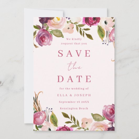Levendige roze Waterverf bloemenkrans bruiloft Save The Date (Voorkant)