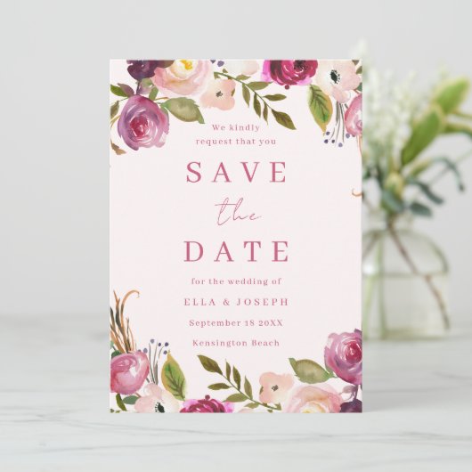 Levendige roze Waterverf bloemenkrans bruiloft Save The Date (Staand voorkant)