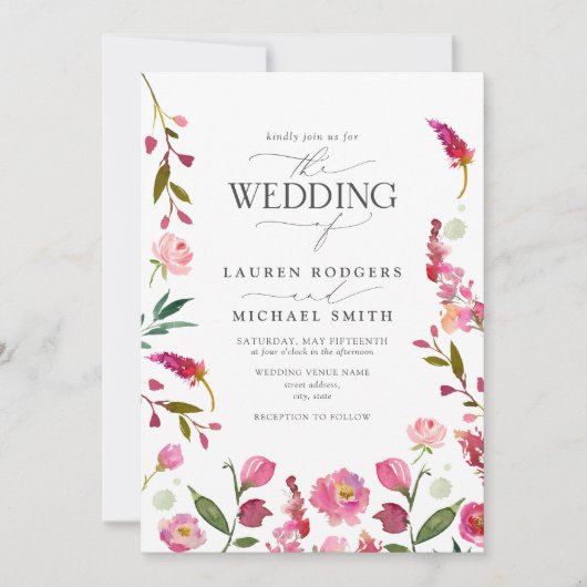 Levendige roze Waterverf bloementuin bruiloft Kaart (Voorkant)